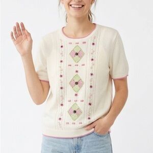 Alfred Dunner White Knit Short-Sleeve Top with Pink Trim & Green Embroidery